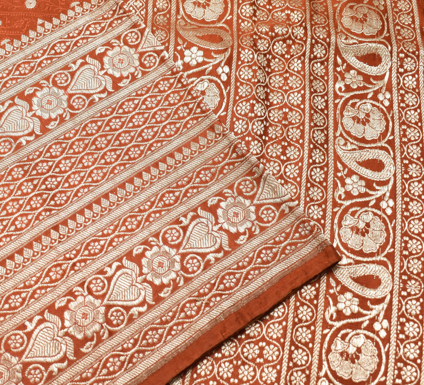 Sushila Vintage Heavy Saree Pure Satin Silk Banarasi Zari Woven Rust Sari Fabric