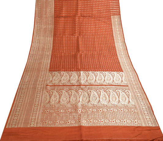 Sushila Vintage Heavy Saree Pure Satin Silk Banarasi Zari Woven Rust Sari Fabric