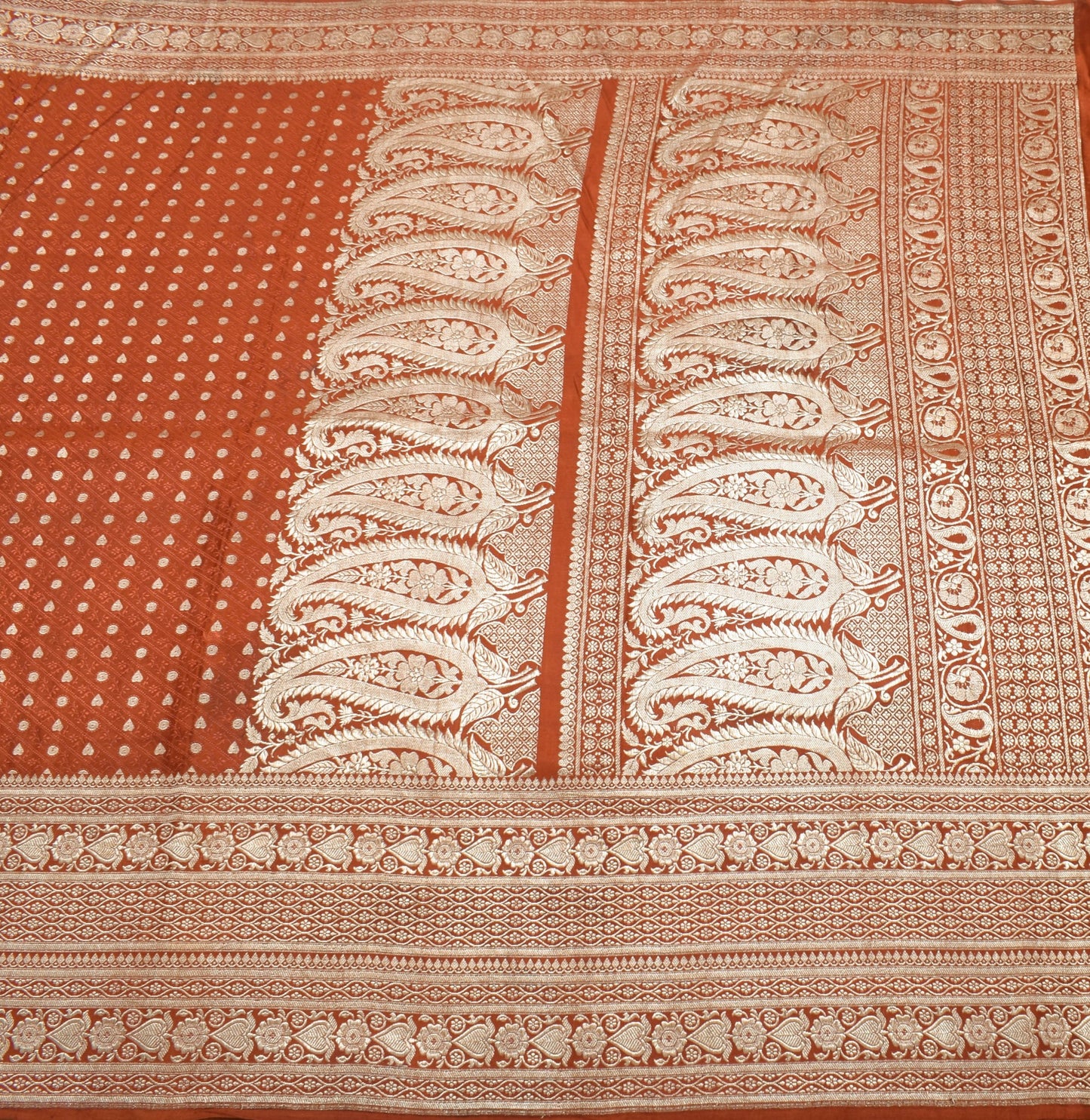 Sushila Vintage Heavy Saree Pure Satin Silk Banarasi Zari Woven Rust Sari Fabric