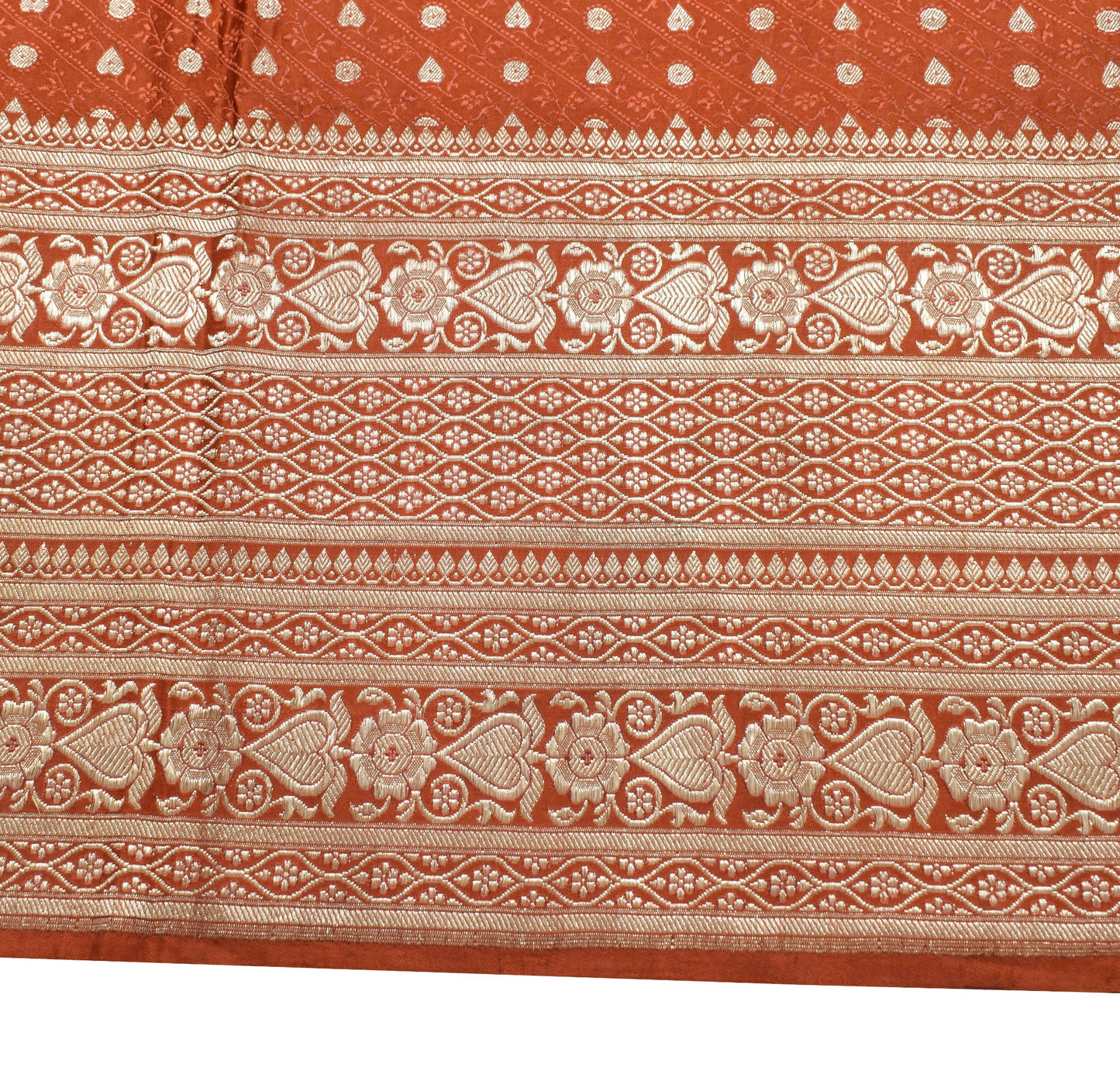 Sushila Vintage Heavy Saree Pure Satin Silk Banarasi Zari Woven Rust Sari Fabric