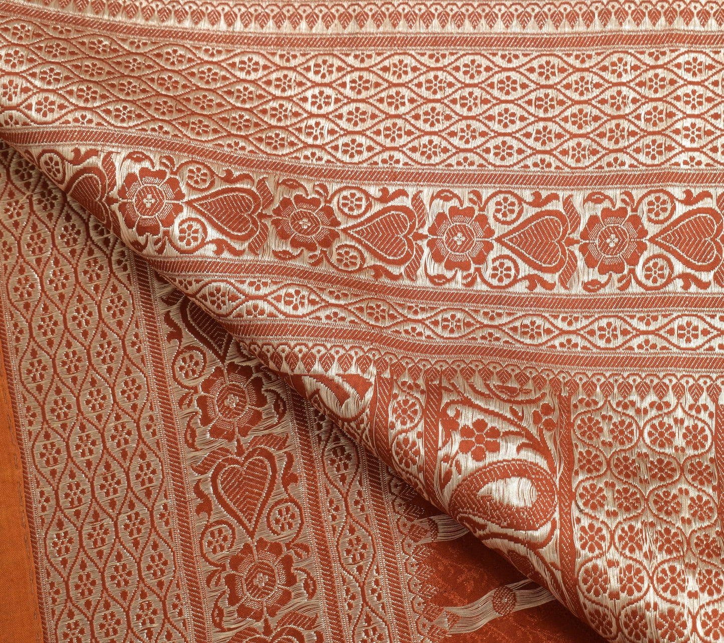 Sushila Vintage Heavy Saree Pure Satin Silk Banarasi Zari Woven Rust Sari Fabric