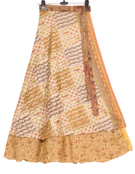 Sushila Vintage Beige Silk Saree Magic Wrap Reversible Skirt Beach Dress Boho