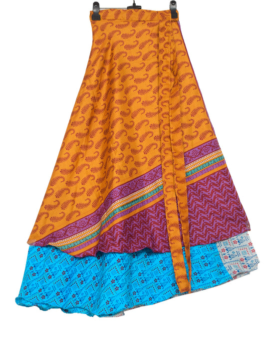 Sushila Vintage Orange Blue Silk Saree Magic Wrap Reversible Skirt Beach Dress