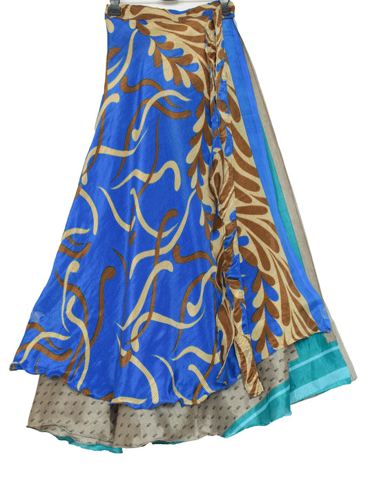 Sushila Vintage Blue Silk Saree Magic Wrap Reversible Skirt Beach Dress Hippie