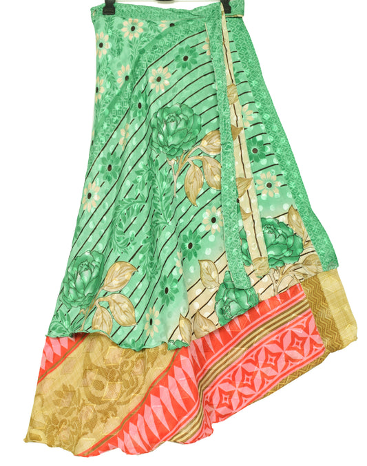 Sushila Vintage Silk Saree Green Floral Magic Wrap Reversible Skirt Beach Dress