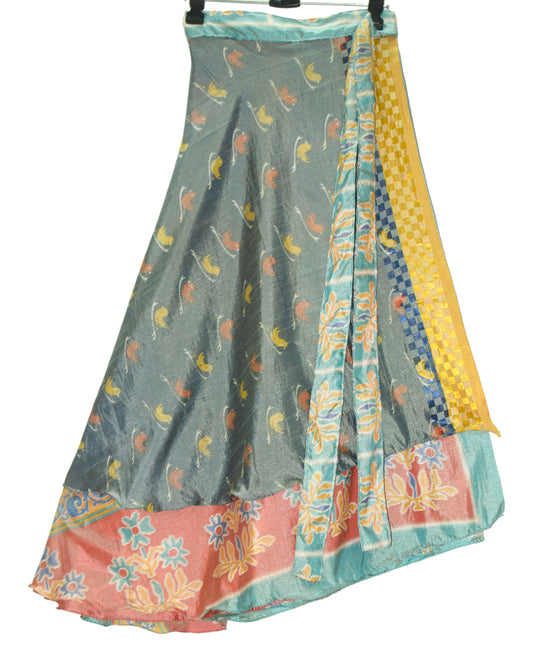 Sushila Vintage Gray Silk Saree Magic Wrap Reversible Skirt Beach Dress Clothing