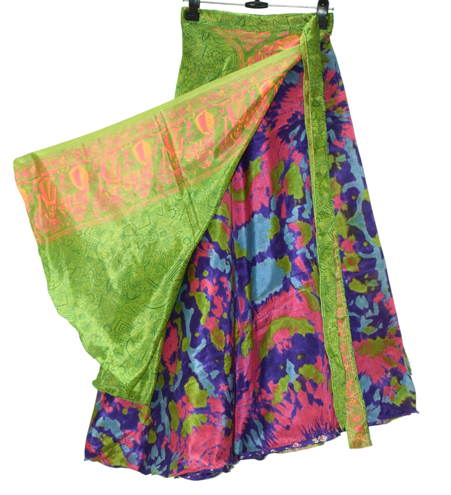 Sushila Vintage Silk Saree Magic Wrap Reversible Skirt Beach Dress Green Hippie