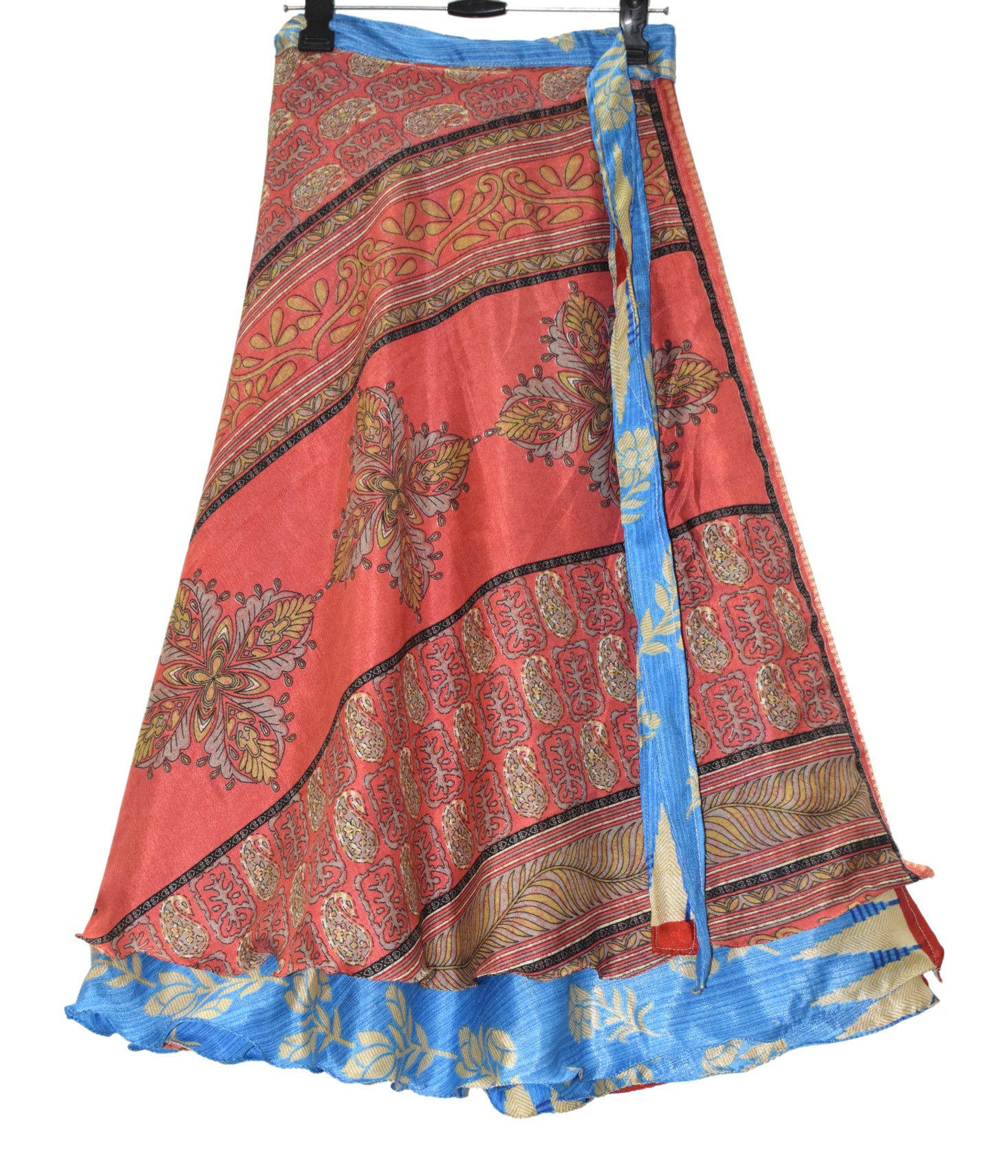 Sushila Vintage Blue & Peach Silk Saree Magic Wrap Reversible Skirt Beach Dress