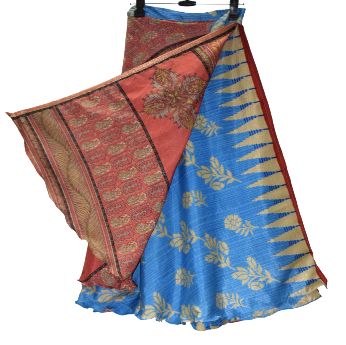 Sushila Vintage Blue & Peach Silk Saree Magic Wrap Reversible Skirt Beach Dress