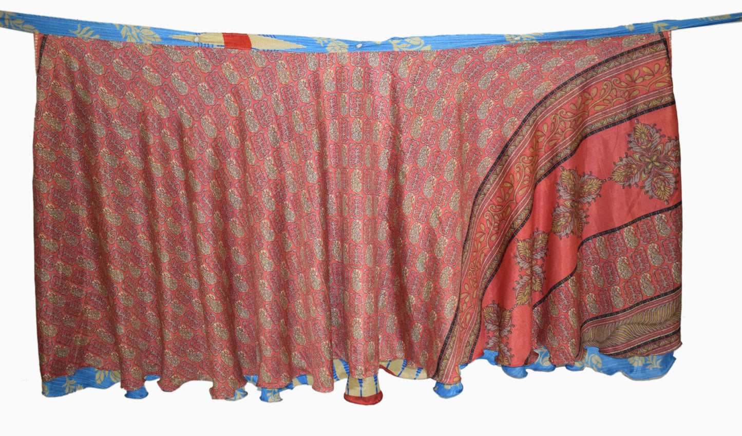 Sushila Vintage Blue & Peach Silk Saree Magic Wrap Reversible Skirt Beach Dress