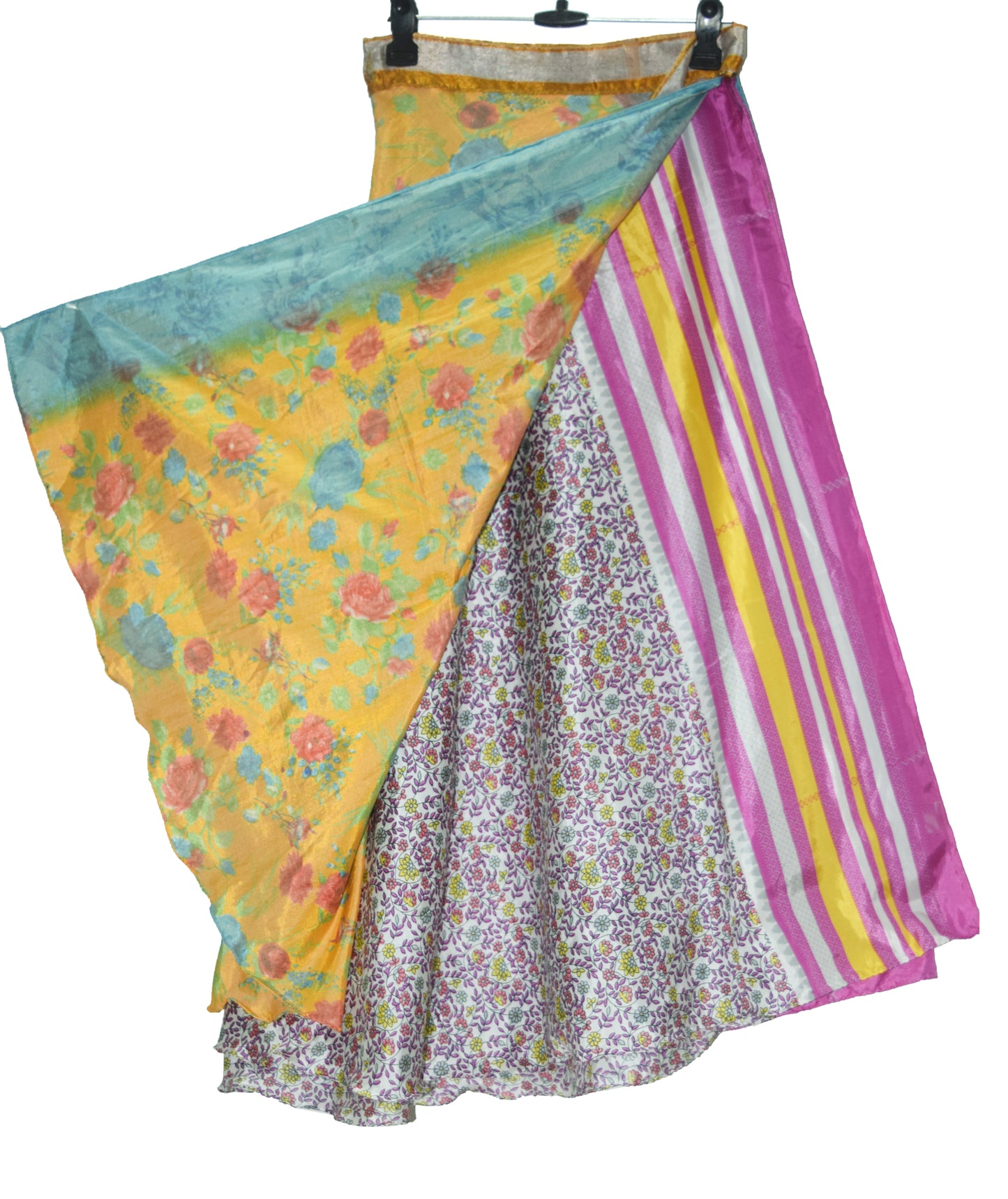 Sushila Vintage Yellow & White Floral Silk Saree Magic Wrap Reversible Skirt