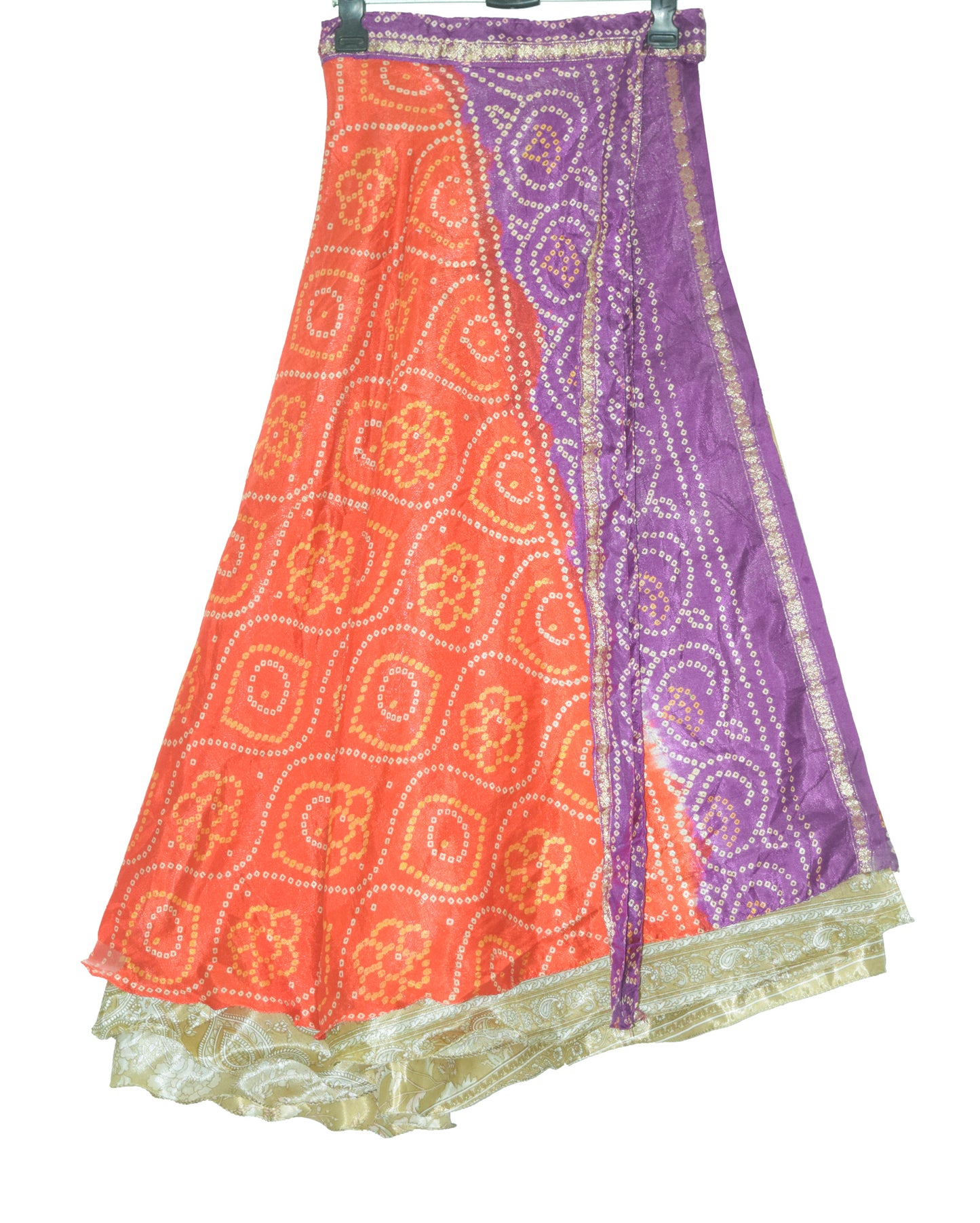 Sushila Vintage Orange Bandhani Printed Silk Saree Magic Wrap Reversible Skirt