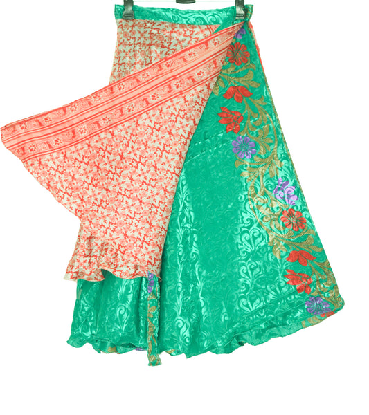 Sushila Vintage Silk Saree Magic Wrap Reversible Skirt Beach Dress Green Floral