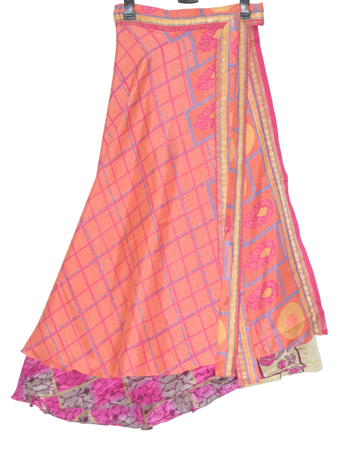 Sushila Vintage Peach & Pink Silk Saree Magic Wrap Reversible Skirt Beach Dress