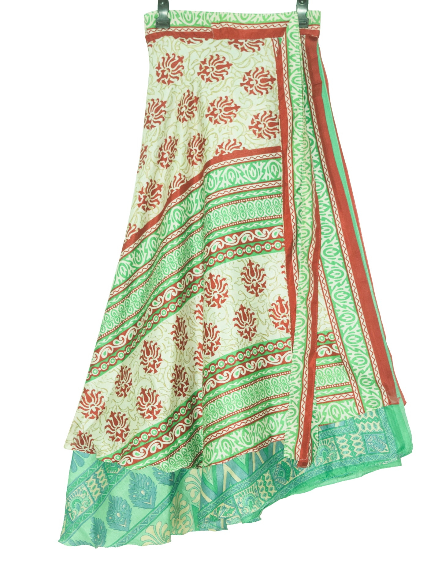 Sushila Vintage Green Silk Saree Magic Wrap Reversible Skirt Double Layer Hippie