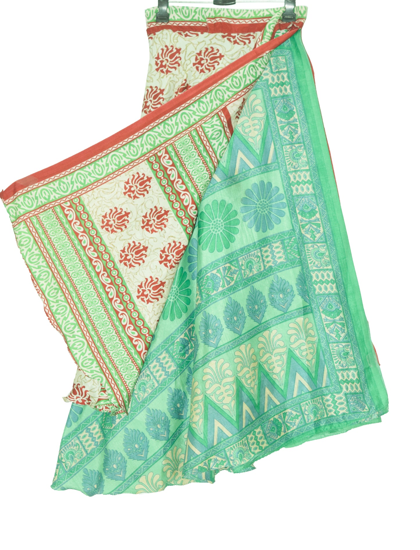 Sushila Vintage Green Silk Saree Magic Wrap Reversible Skirt Double Layer Hippie