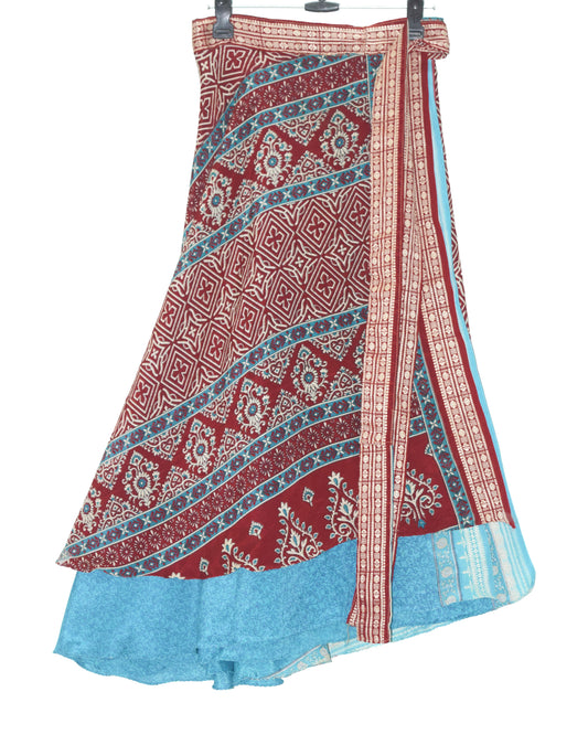 Sushila Vintage Blue & Maroon Silk Saree Magic Wrap Reversible Skirt Beach Dress