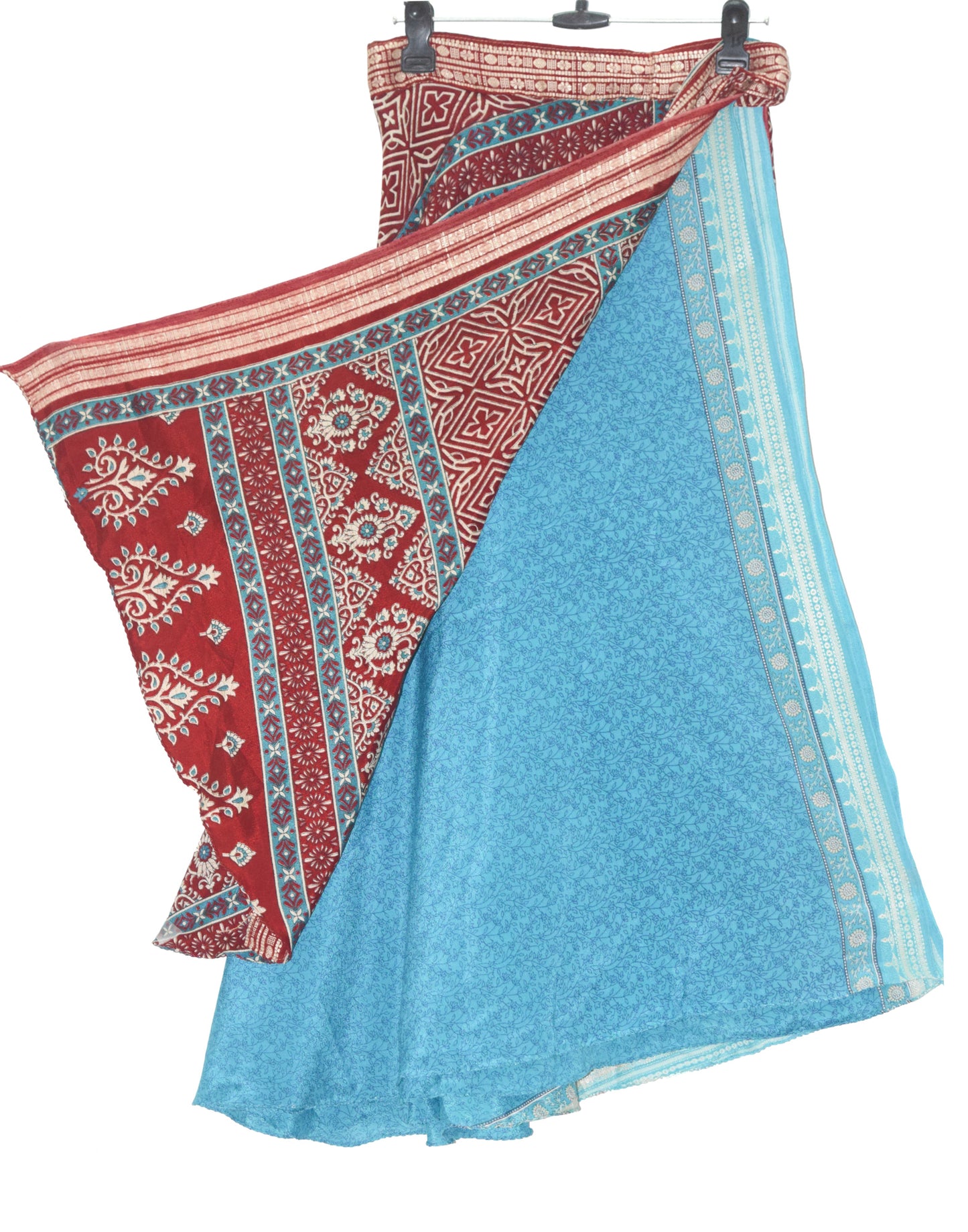 Sushila Vintage Blue & Maroon Silk Saree Magic Wrap Reversible Skirt Beach Dress