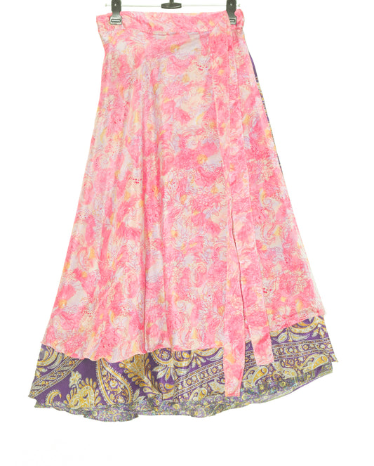 Sushila Vintage Pink Floral Silk Saree Magic Wrap Reversible Skirt Beach Dress