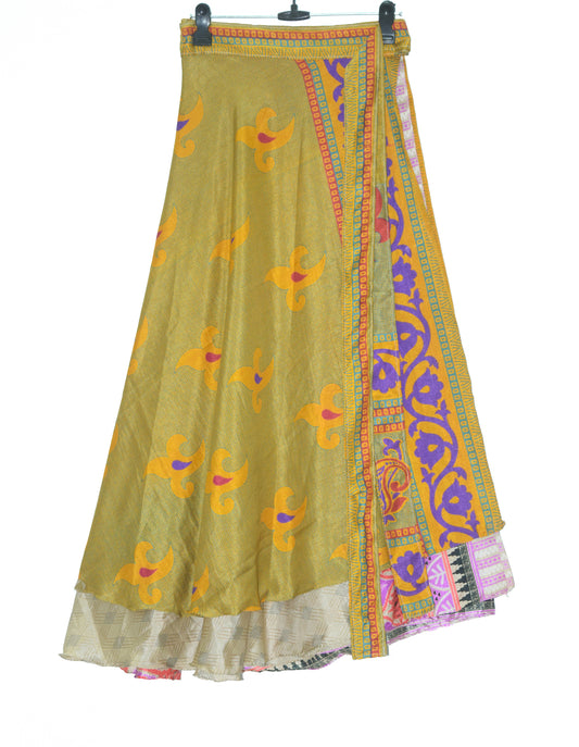 Sushila Vintage Silk Saree Magic Wrap Reversible Skirt Yellow Beach Dress Boho