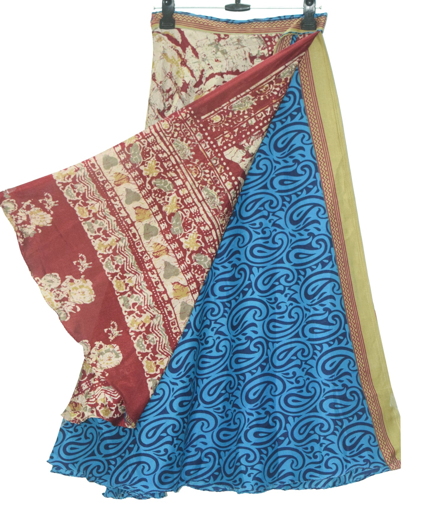 Sushila Vintage Blue Printed Silk Saree Magic Wrap Reversible Skirt Beach Dress