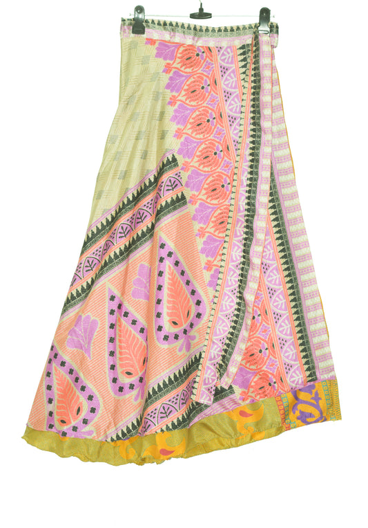 Sushila Vintage Silk Saree Magic Wrap Reversible Skirt Beach Dress Yellow Hippie