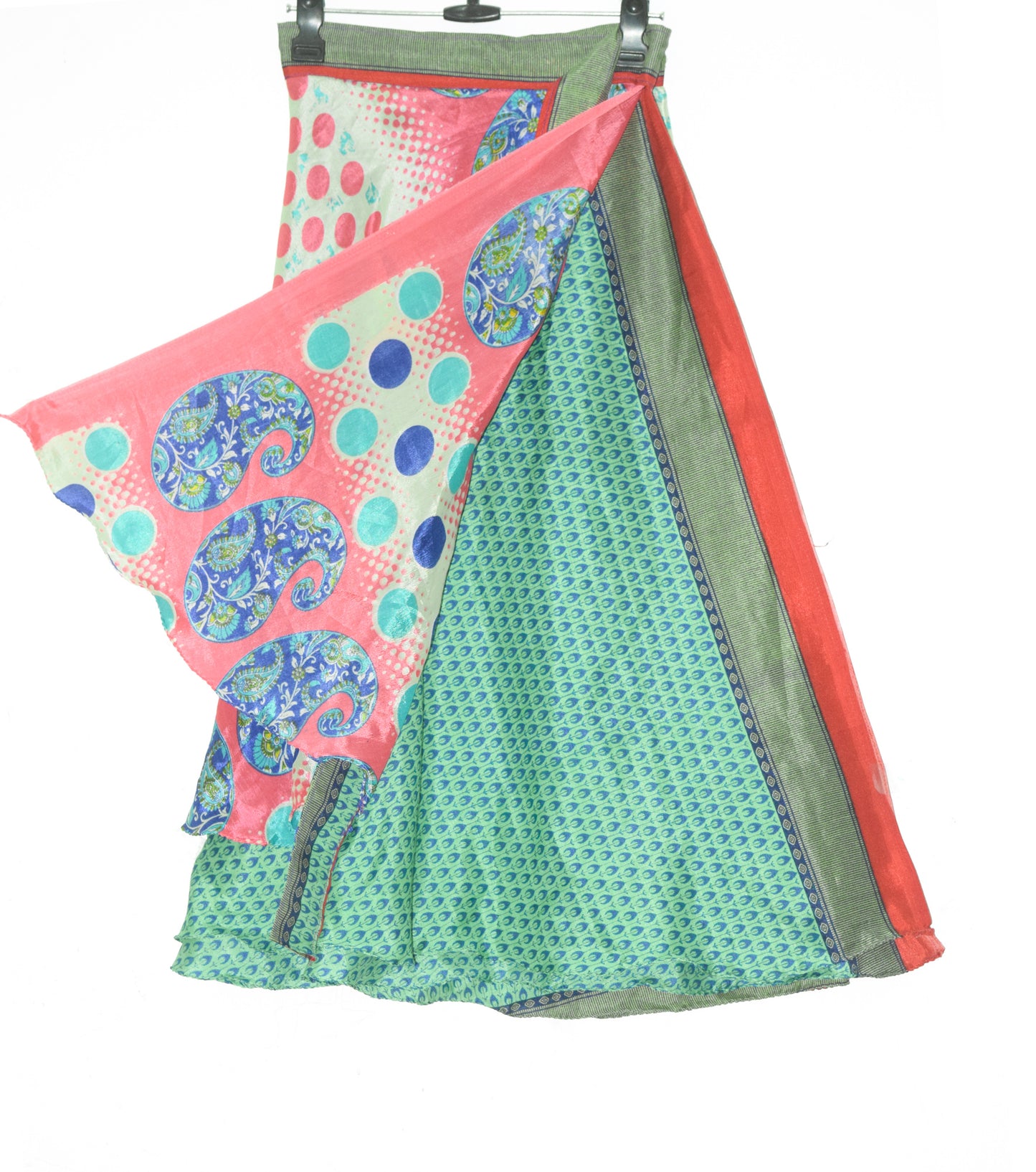 Sushila Vintage Green Pink Silk Saree Magic Wrap Reversible Skirt Beach Dress