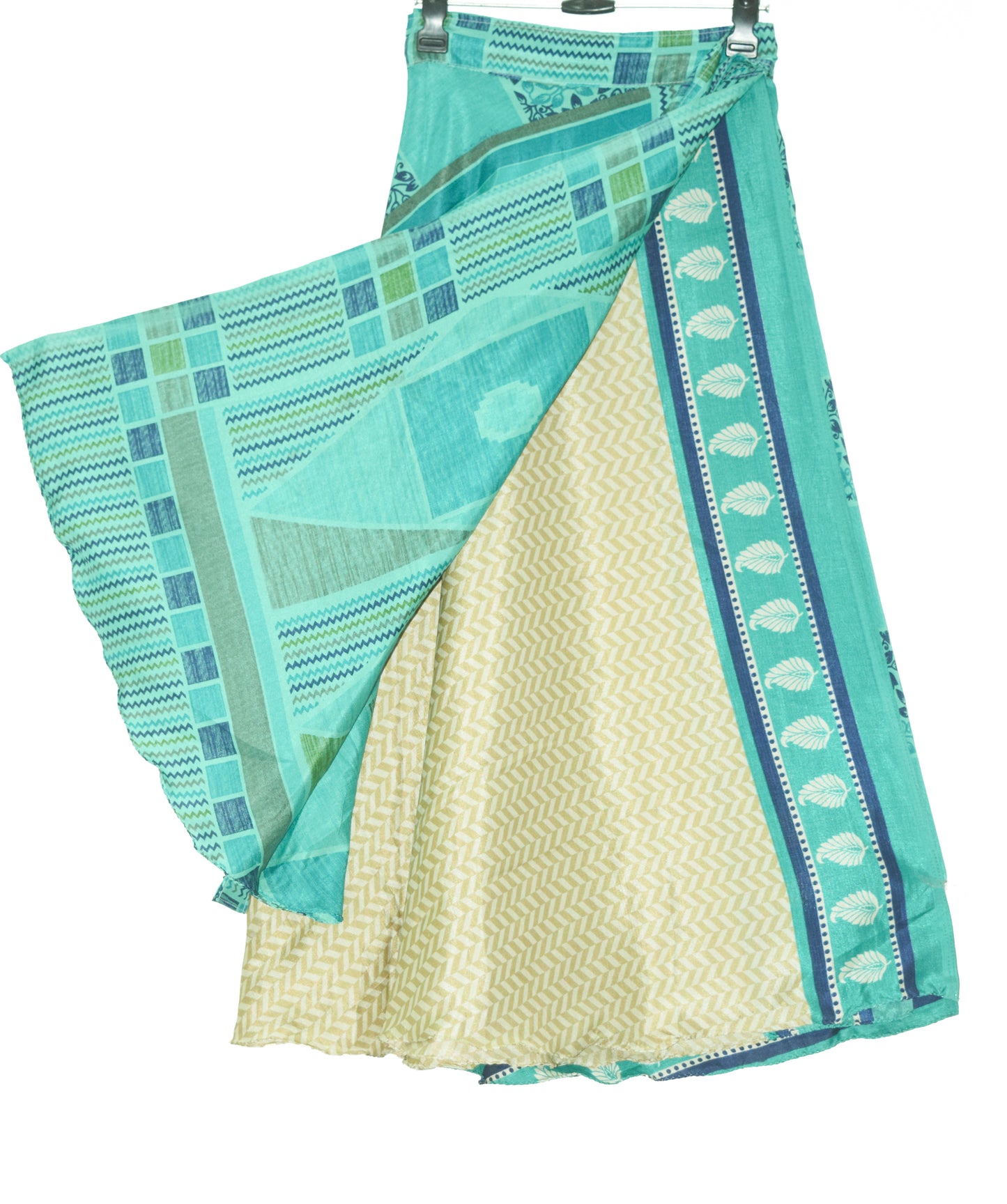 Sushila Vintage Aqua Green Silk Saree Magic Wrap Reversible Skirt Beach Dress