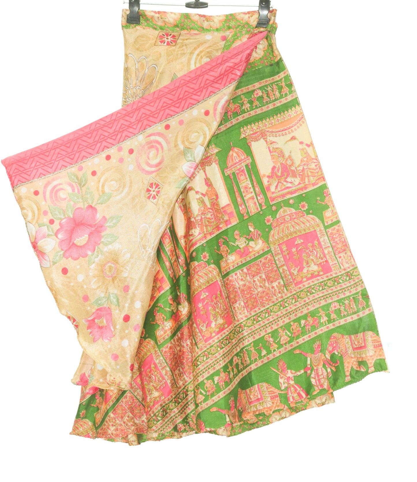 Sushila Vtg Human Printed Silk Saree Magic Wrap Reversible Skirt Beach Dress