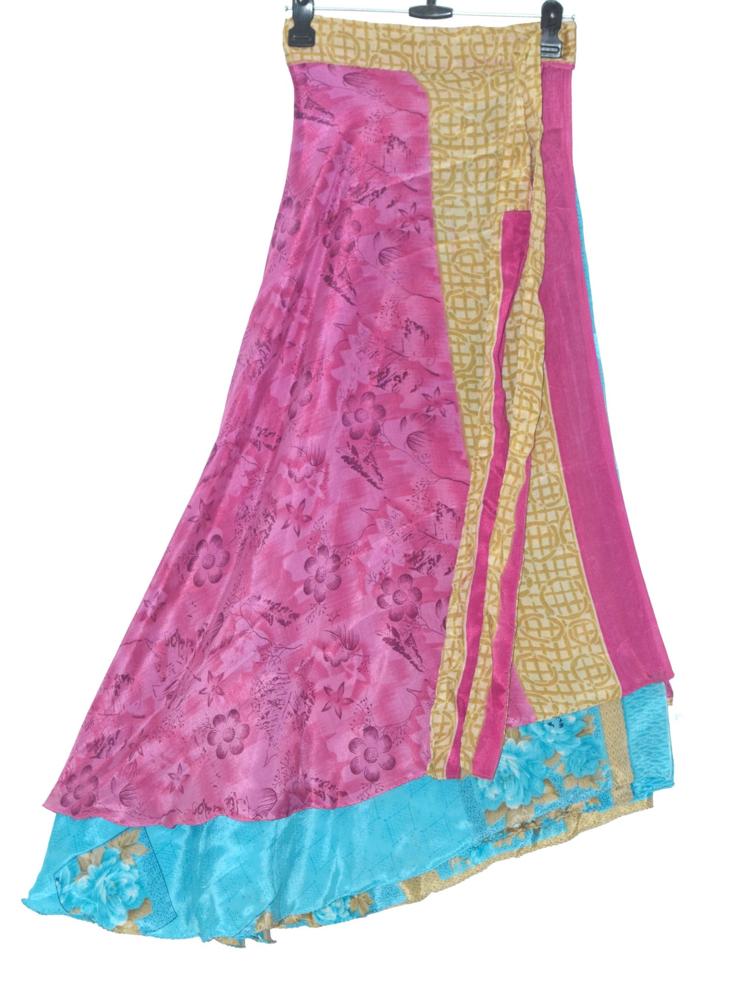 Sushila Vintage Blue & Pink Silk Saree Magic Wrap Reversible Skirt Beach Dress