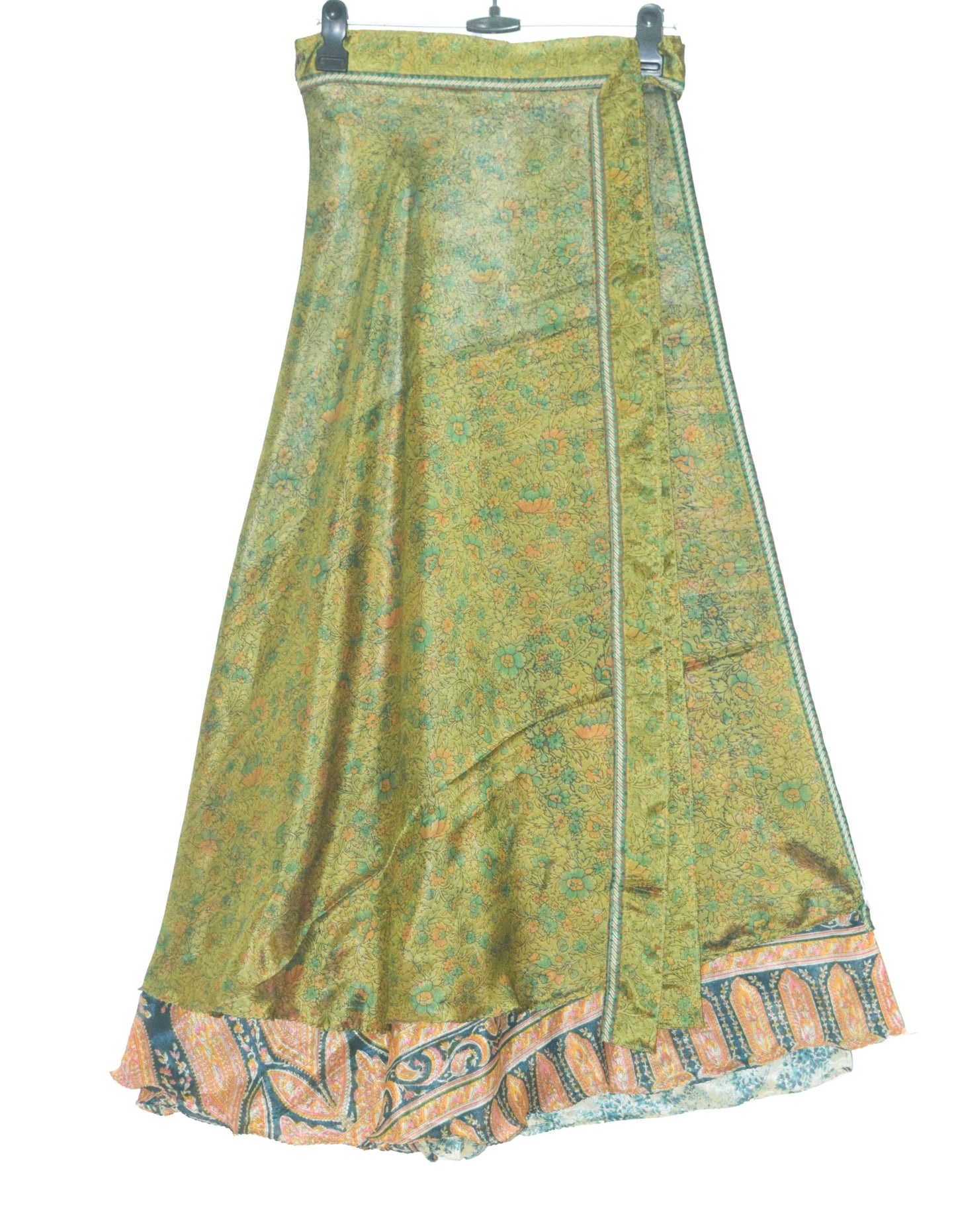 Sushila Vintage Green 2Layer Silk Saree Magic Wrap Reversible Skirt Beach Dress