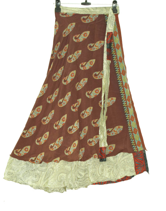 Sushila Vintage Cream Brown Silk Saree Magic Wrap Reversible Skirt Beach Dress