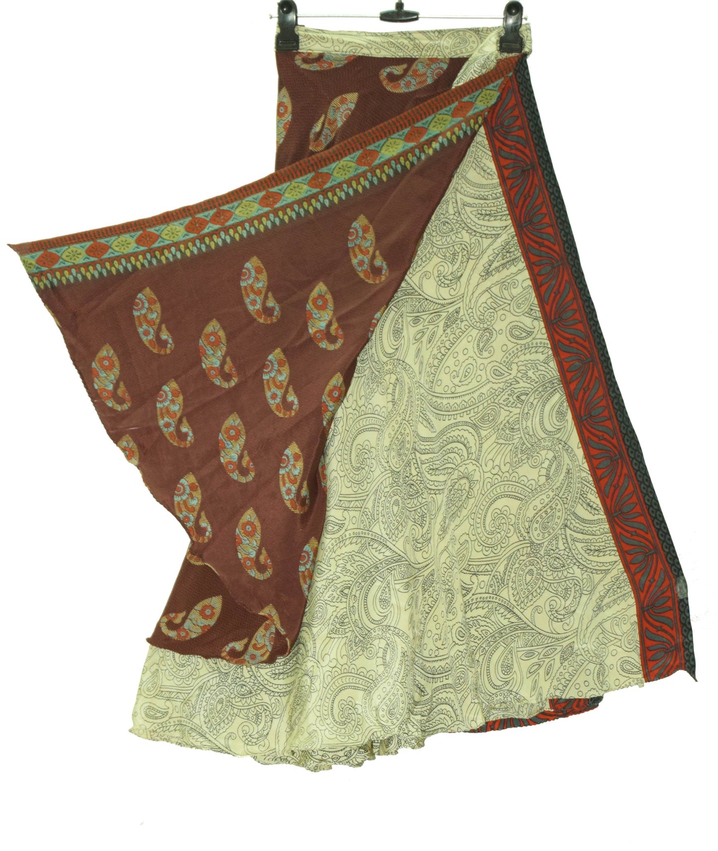 Sushila Vintage Cream Brown Silk Saree Magic Wrap Reversible Skirt Beach Dress