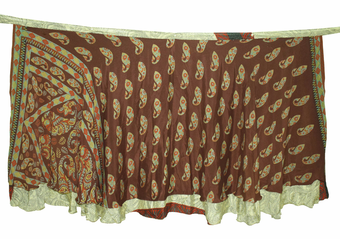 Sushila Vintage Cream Brown Silk Saree Magic Wrap Reversible Skirt Beach Dress