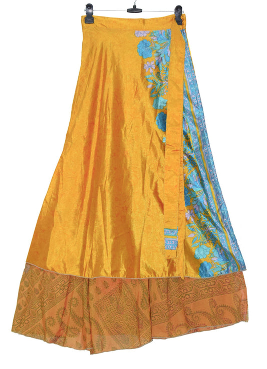 Sushila Vintage Boho Silk Saree Magic Wrap Reversible Skirt Yellow Beach Dress