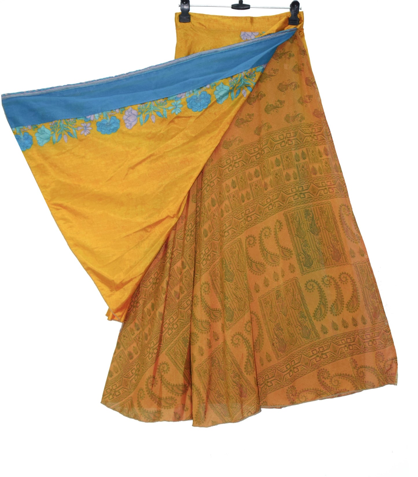 Sushila Vintage Boho Silk Saree Magic Wrap Reversible Skirt Yellow Beach Dress