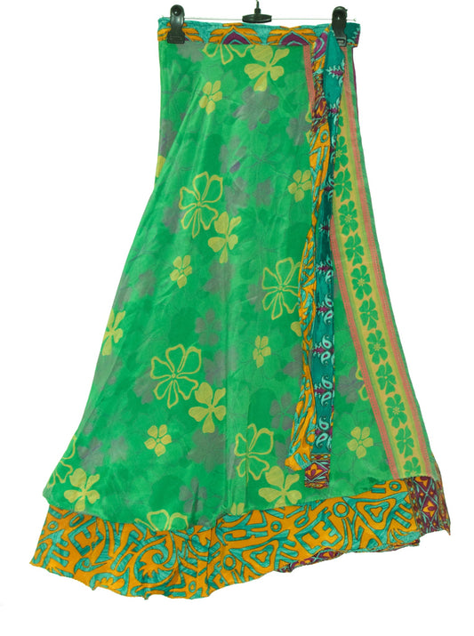 Sushila Vintage Silk Saree Magic Wrap Reversible Skirt Green Floral Beach Dress