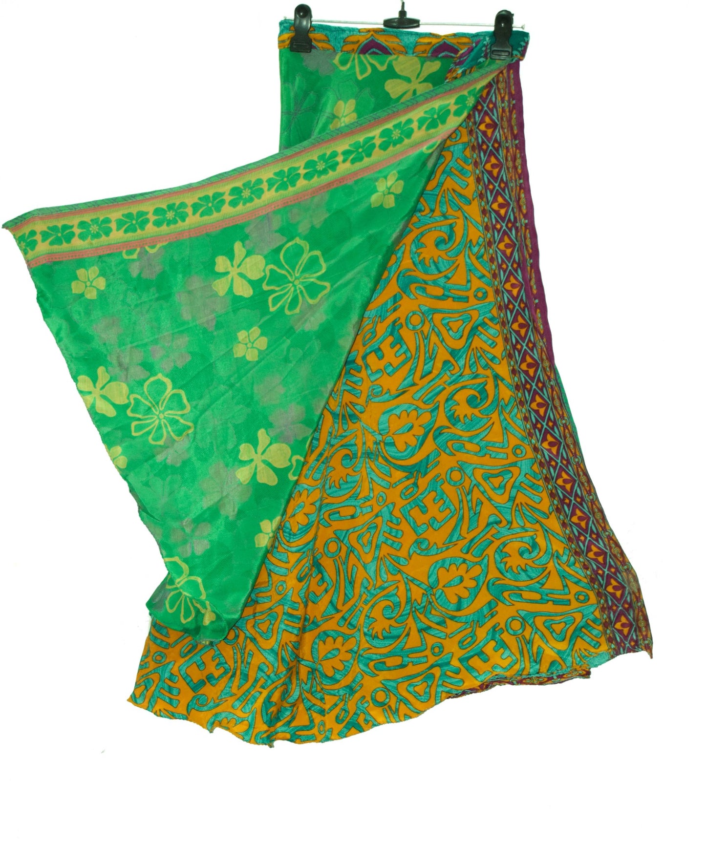 Sushila Vintage Silk Saree Magic Wrap Reversible Skirt Green Floral Beach Dress