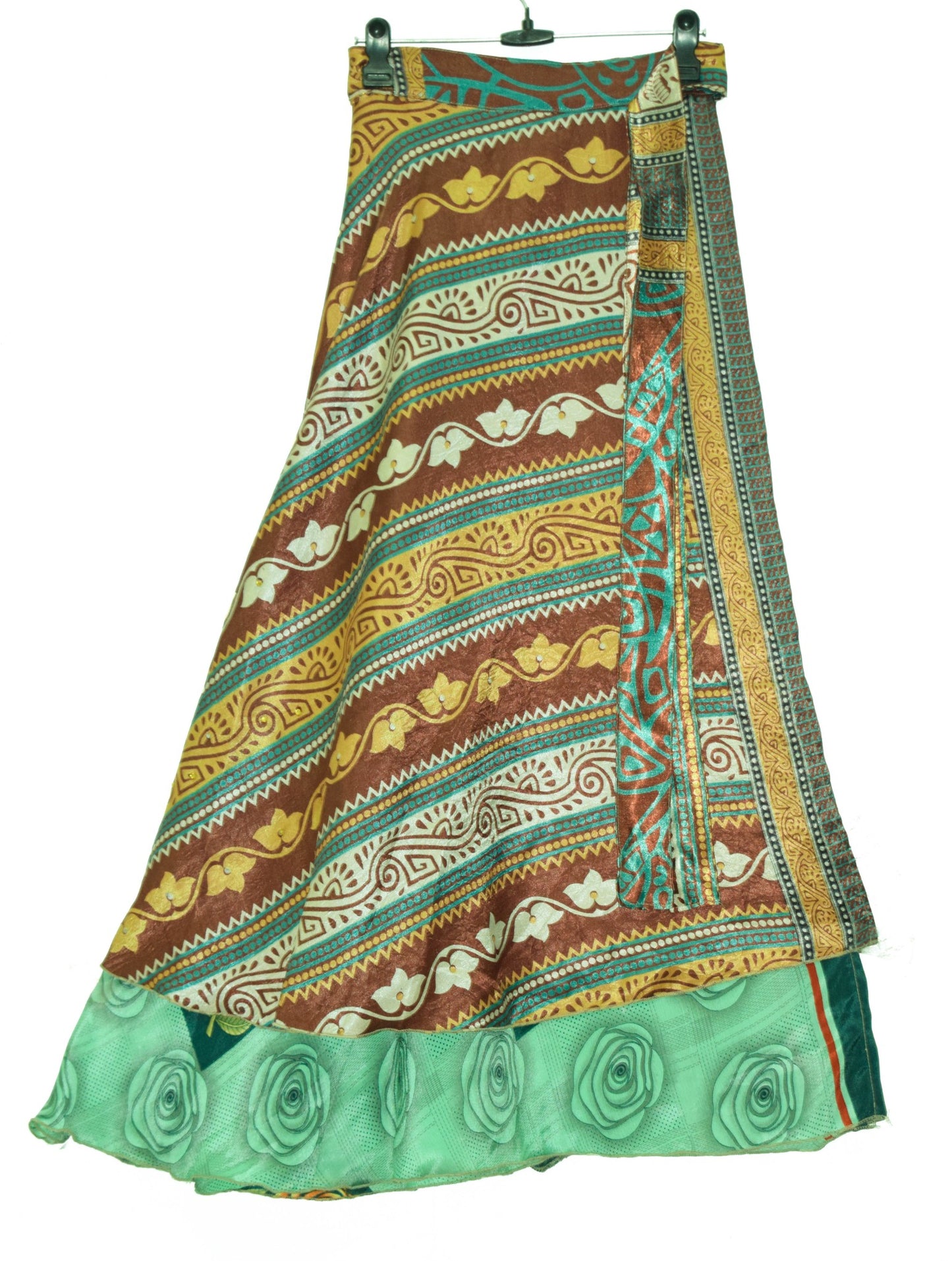 Sushila Vintage Silk Saree Magic Wrap Reversible Skirt Floral Green Beach Dress