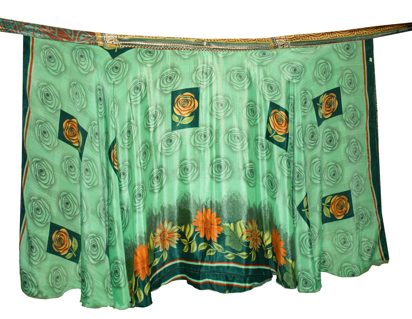 Sushila Vintage Silk Saree Magic Wrap Reversible Skirt Floral Green Beach Dress