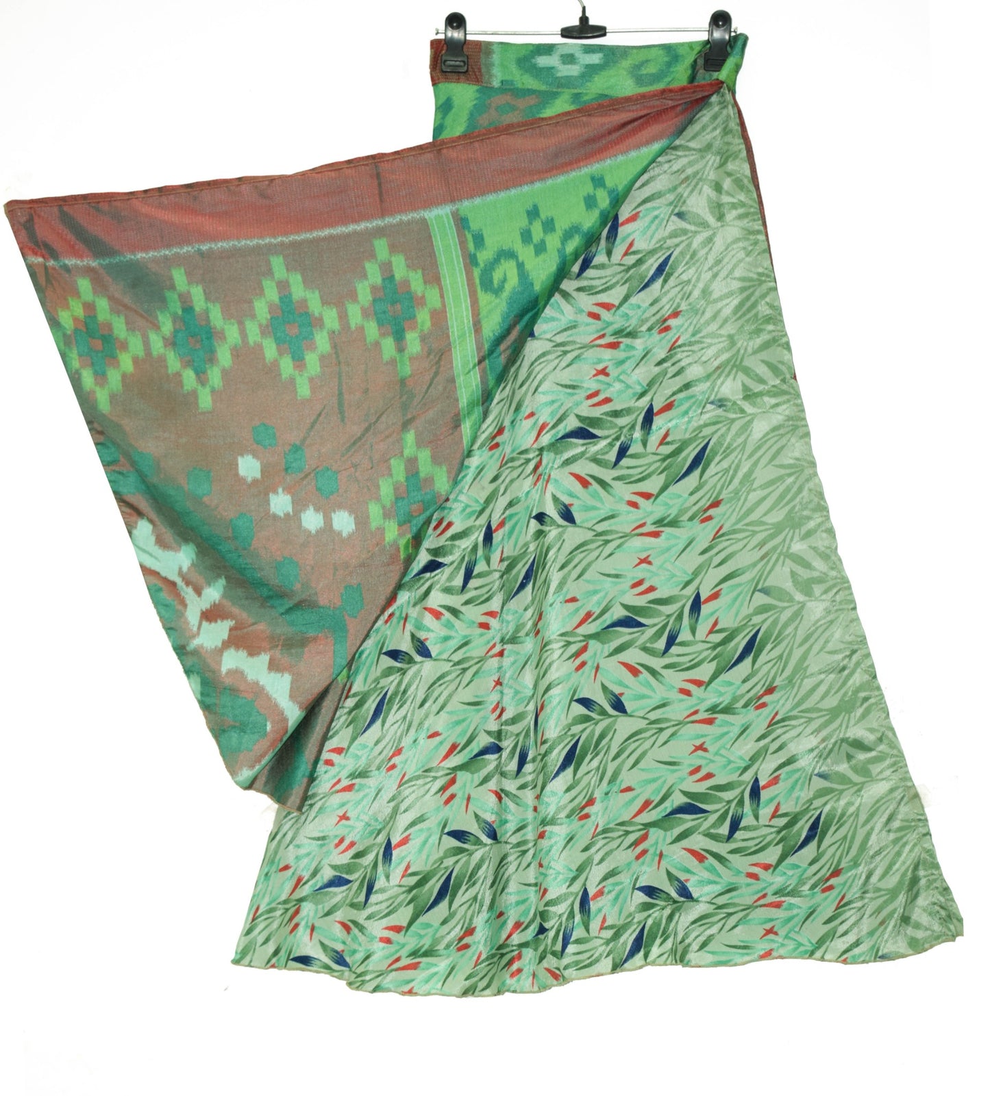 Sushila Vintage Green Silk Saree Magic Wrap Reversible Skirt Beach Dress Hippie