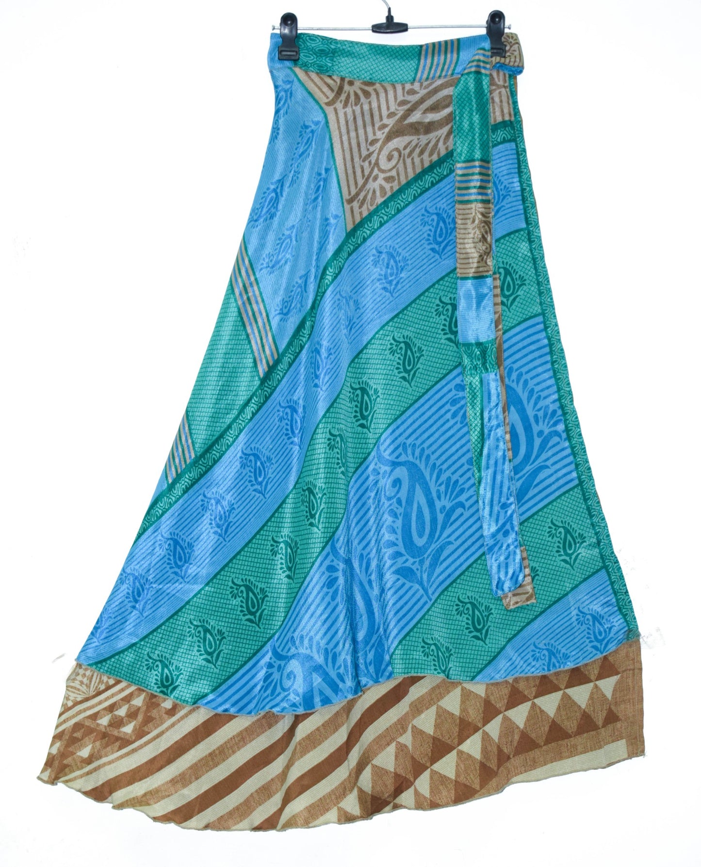 Sushila Vintage Blue Green Silk Saree Magic Wrap Reversible Skirt Beach Dress