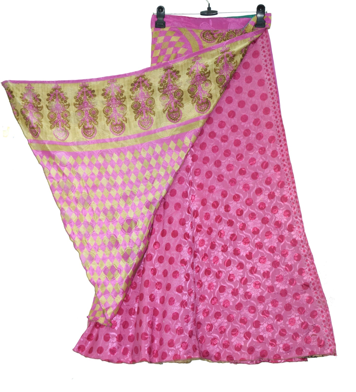 Sushila Vintage Silk Saree Magic Wrap Pink Checks Reversible Skirt Beach Dress