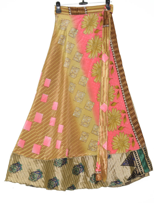 Sushila Vintage Brown Silk Saree Magic Wrap Reversible Skirt Floral Beach Dress