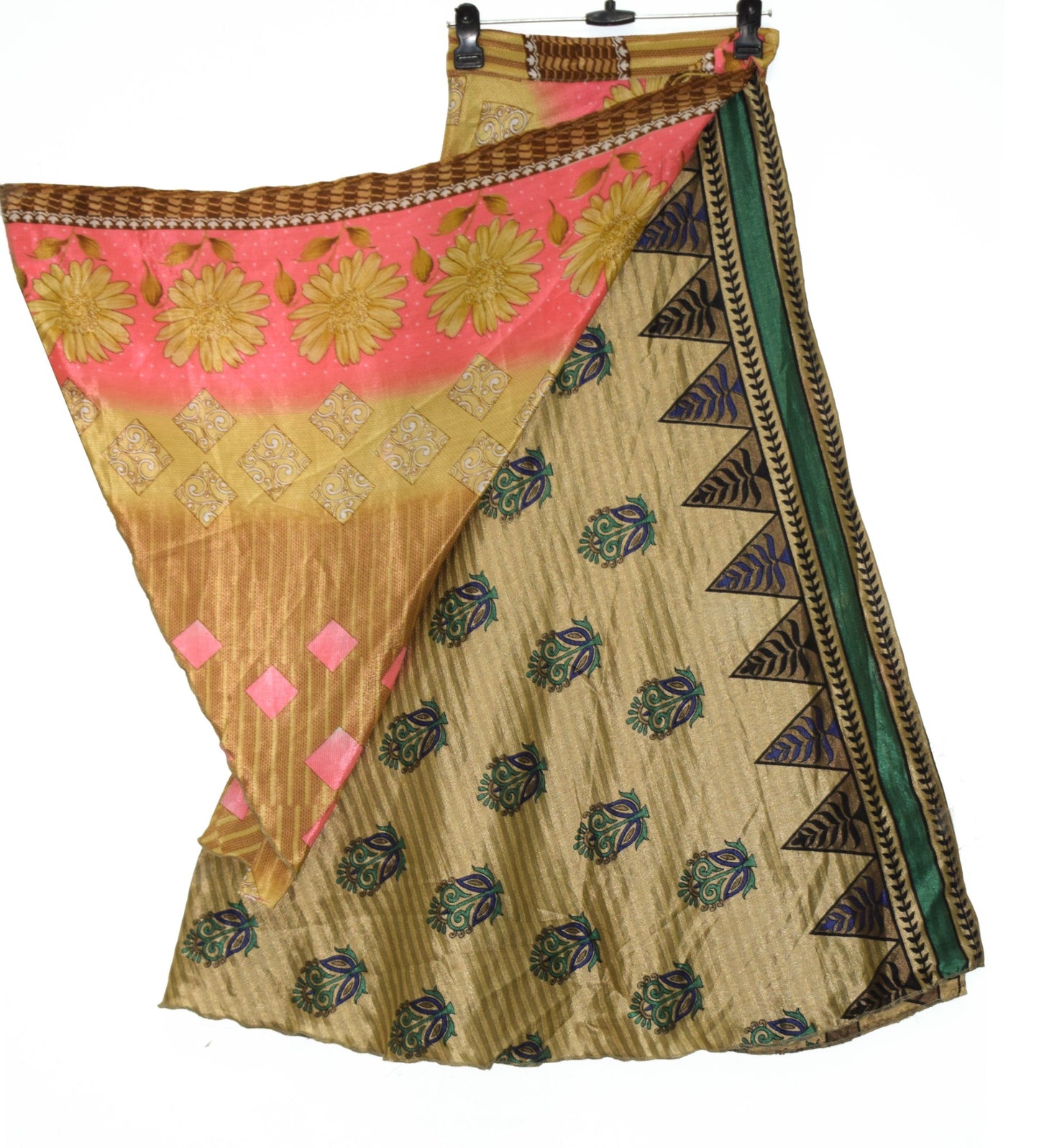 Sushila Vintage Brown Silk Saree Magic Wrap Reversible Skirt Floral Beach Dress