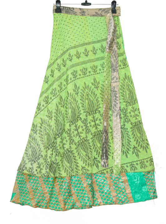 Sushila Vintage Silk Saree Magic Wrap Green Floral Reversible Skirt Beach Dress