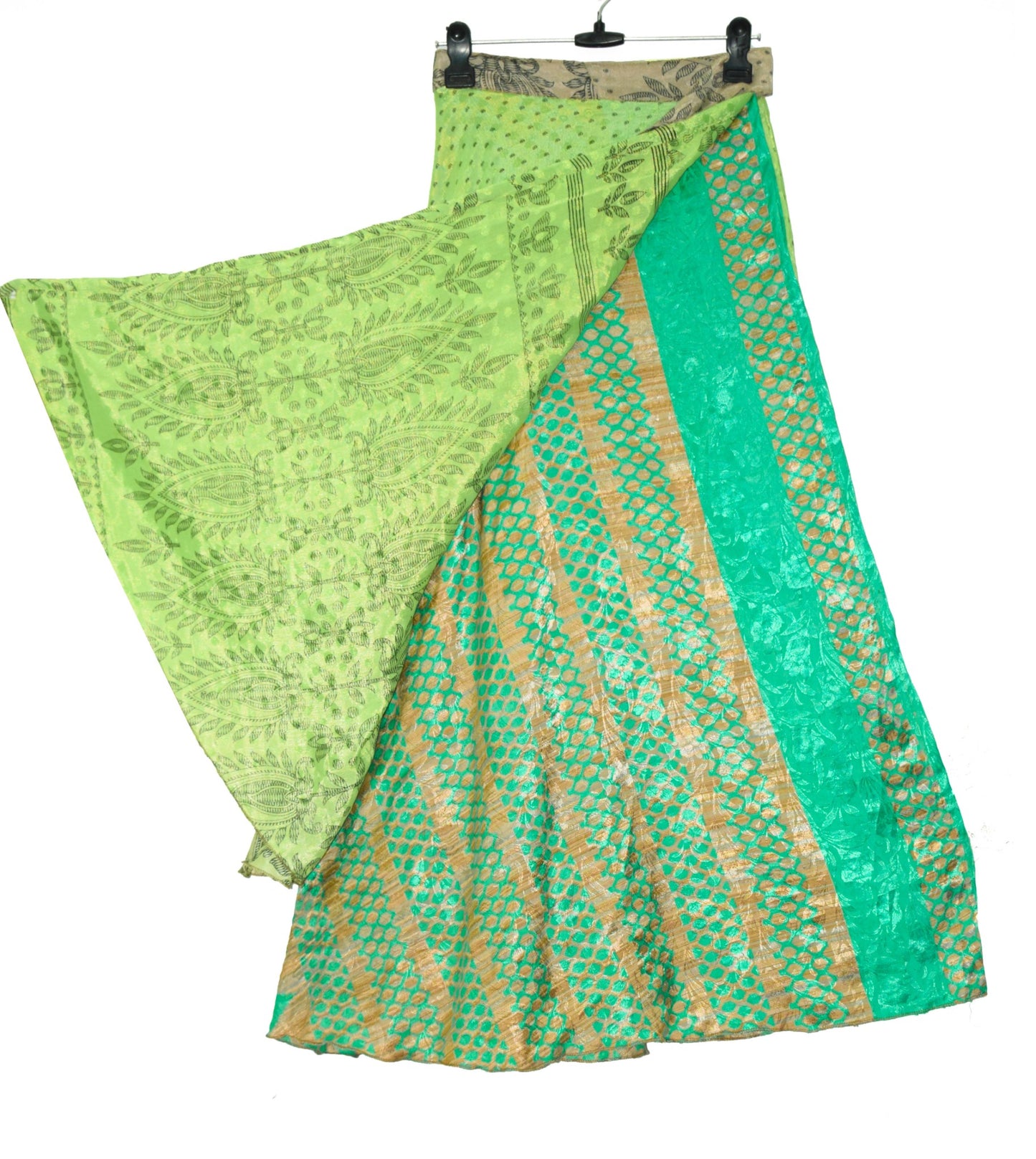 Sushila Vintage Silk Saree Magic Wrap Green Floral Reversible Skirt Beach Dress