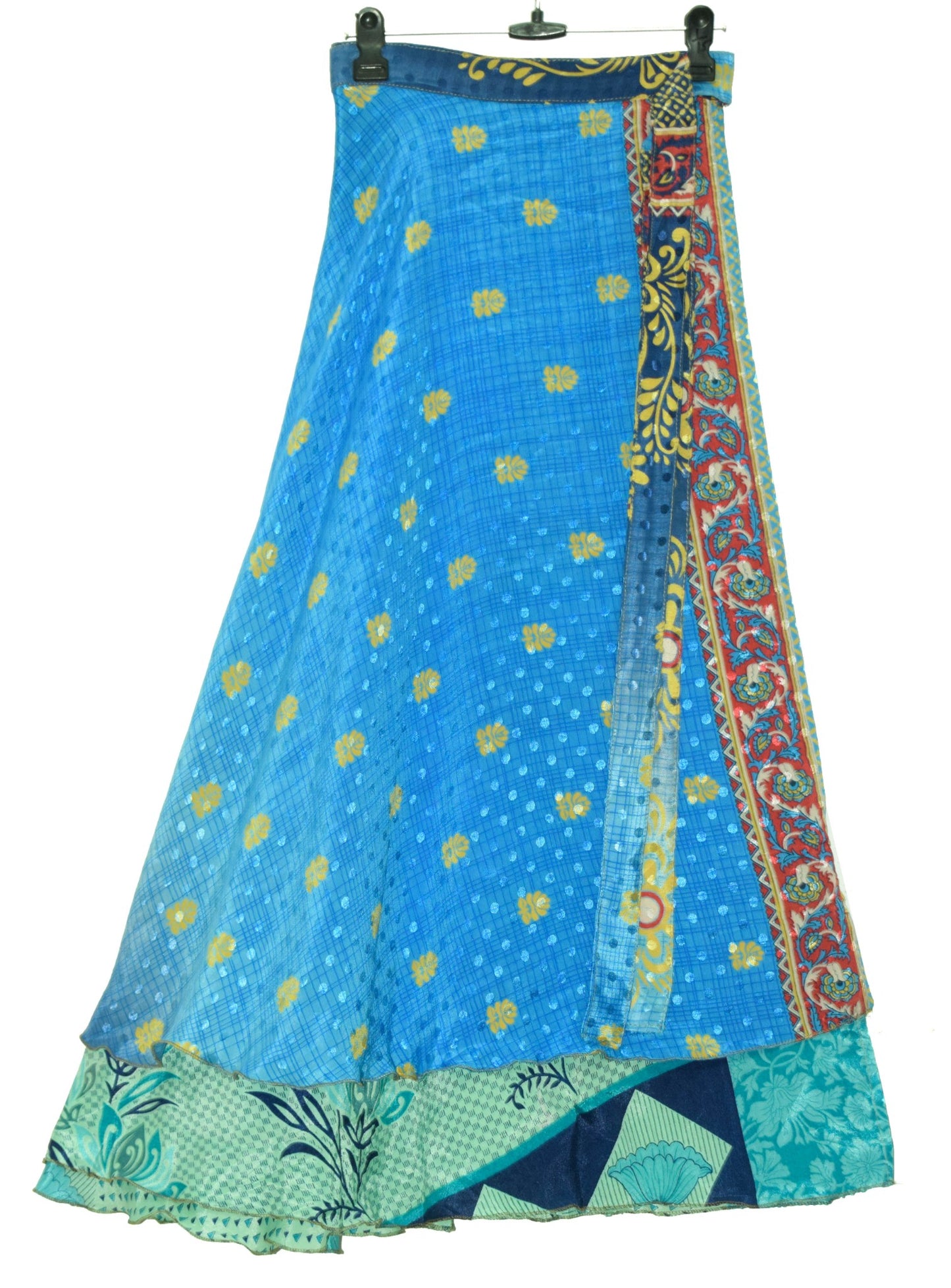 Sushila Vintage Blue Green Silk Saree Magic Wrap Reversible Skirt Beach Dress