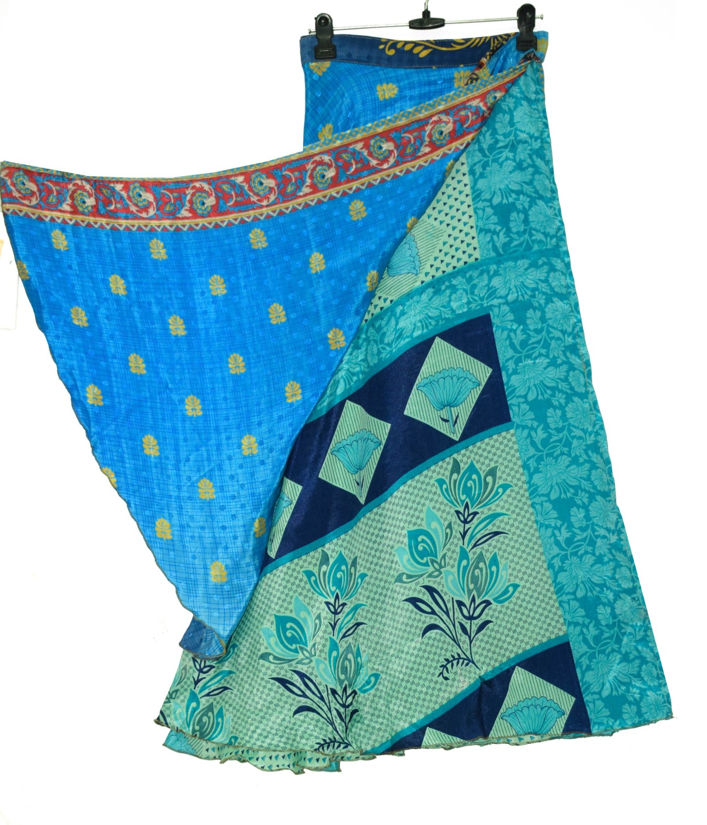 Sushila Vintage Blue Green Silk Saree Magic Wrap Reversible Skirt Beach Dress