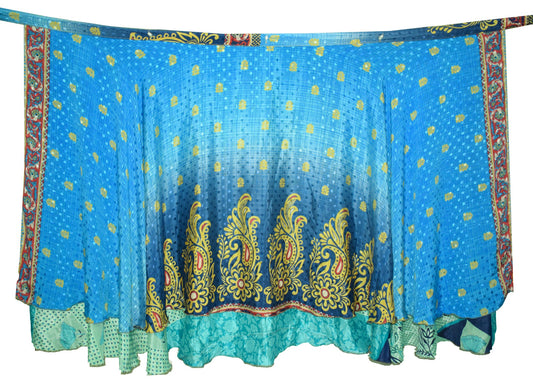 Sushila Vintage Blue Green Silk Saree Magic Wrap Reversible Skirt Beach Dress